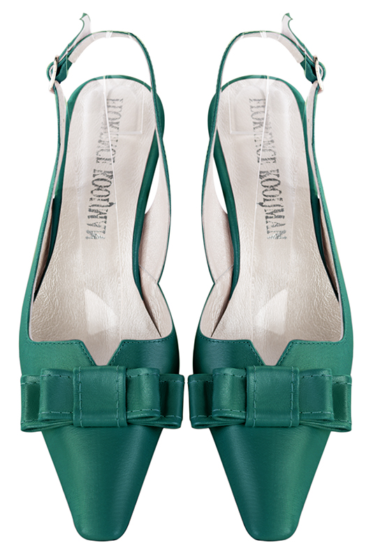 Emerald green women's open back shoes, with a knot. Tapered toe. Medium spool heels. Top view - Florence KOOIJMAN